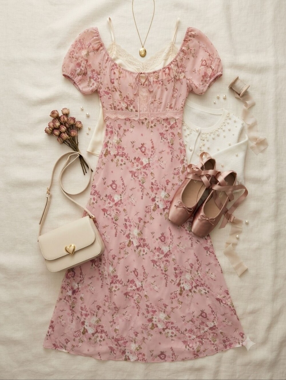90s Jody California Pink Mauve Floral Lace Milkmaid Short Sleeve Maxi Dress